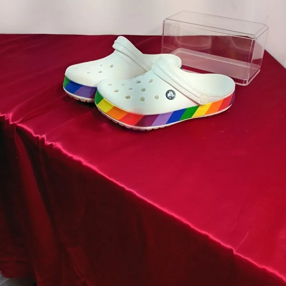 Crocs Men's SZ 5 Women's SZ 7 Rainbow Pride White Slip On Shoes Sandals